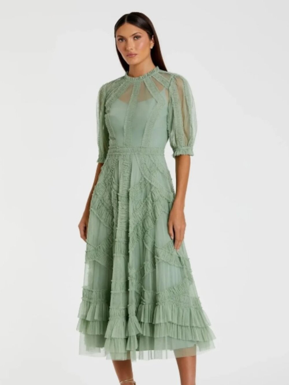 Mac Duggal Green High Neck Ruffle Tiered A-Line Midi Dress Size 12